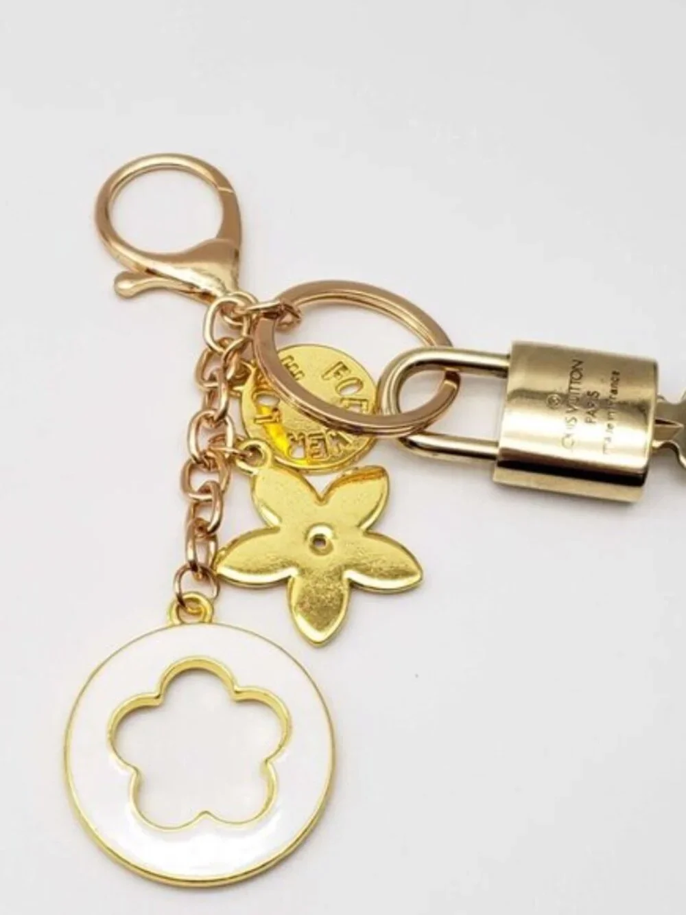 LV Gold Padlock Authentic 🔑 Luxury Bag Charm w/ Unbranded Flower Keychain